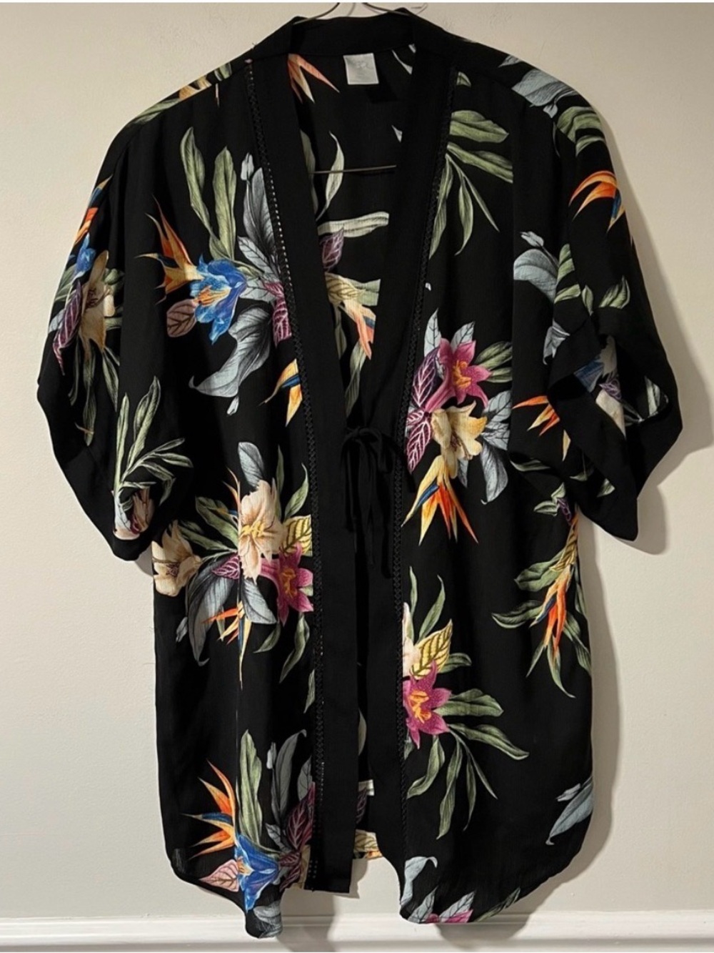 Kona‎ Sol Tropical Floral Cover Up Tie Front Kimono Beach Resortwear  L/XL